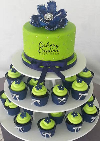 Lime green and Navy cake and cupcake tower - Cake by Cakery Creation Liz Huber