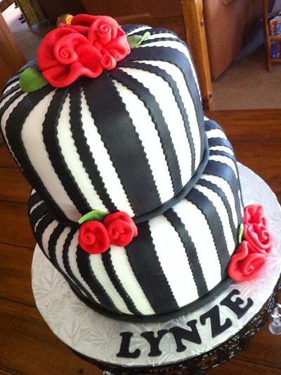 Black & White Stripes with Ribbon Roses - Cake by Kendra