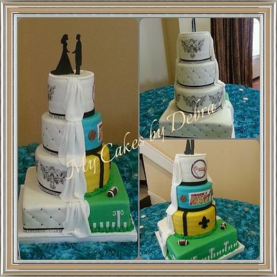 Half and Half Wedding with the groom side a sports theme - Cake by Debra