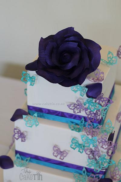 Teal and Turquoise Rose and Butterflies. - Cake by The Cake Tin