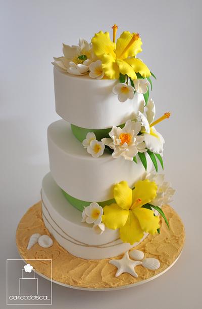 Citrus yellow and lime Beach themed wedding cake - Cake by Cakeadaisical