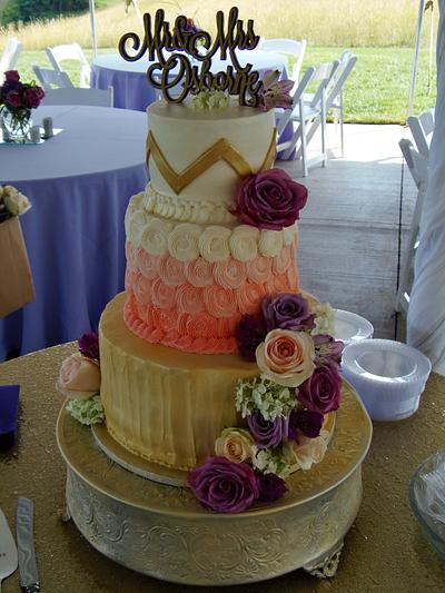 Gold, coral, and purple BC wedding cake - Cake by Nancys Fancys Cakes & Catering (Nancy Goolsby)