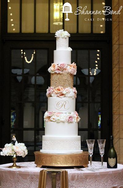 Gold, Lace and Floral Wedding Cake - Cake by Shannon Bond Cake Design