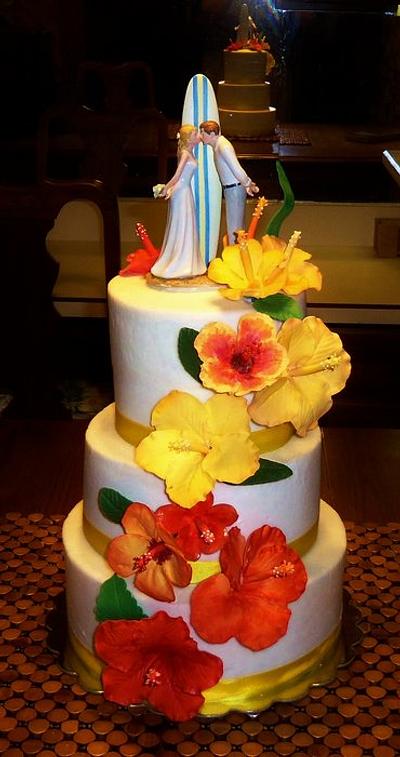 Tropical Beach themed Hibiscus wedding cake - Cake by Monica@eat*crave*love~baking co.