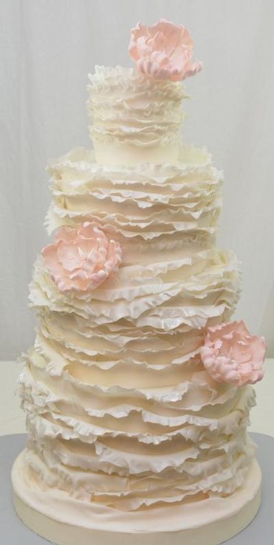 White  Ruffles and Pink Peonies  - Cake by Sugarpixy