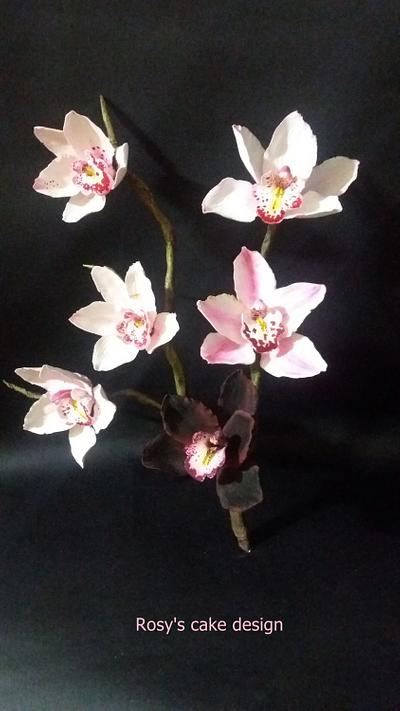 Cimbydium orchids pink and black in gum paste - Cake by rosycakedesigner