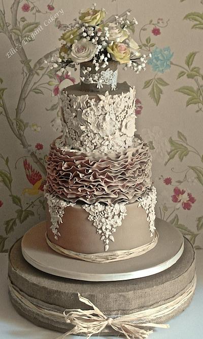 Lace, Ruffles and Vintage Rose Wedding cake - Cake by Ellie @ Ellie's Elegant Cakery