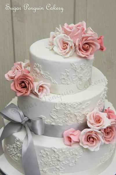 Pink and Silver with Ombre roses and lace - Cake by Ivone - Sugar Penguin Cakery