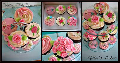 Vintage pink cupcakes... with hand painted fondant decorations and roses - Cake by Millie Rowe