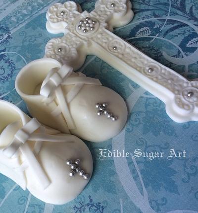 Christening booties and cross - Cake by Edible Sugar Art
