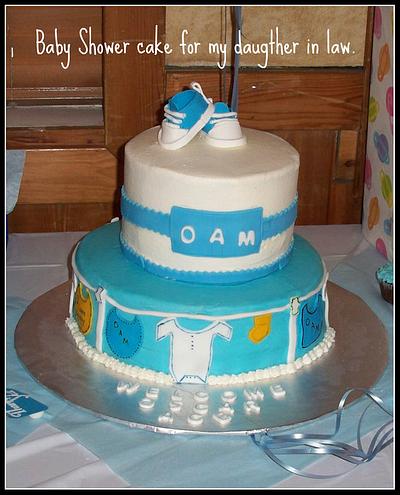 Baby Shower Cake with Baby Initals, Clothesline and gumpaste booties. - Cake by Aida Martinez