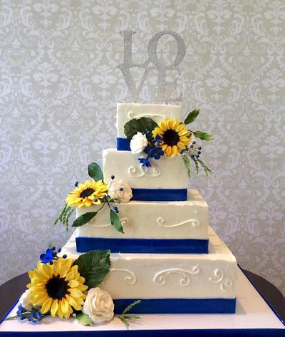 Wedding Cake with sunflowers, white roses and blue accents. - Cake by Colormehappy