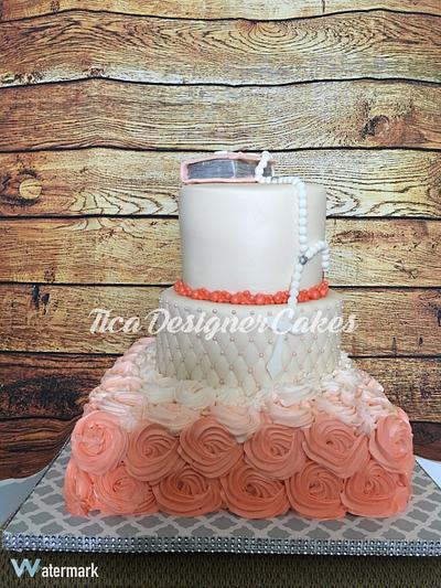 Salmon pink communion cake  - Cake by Tica's Designer Cakes
