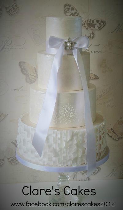 White ruffles and shimmer wedding cake - Cake by Clare's Cakes - Leicester
