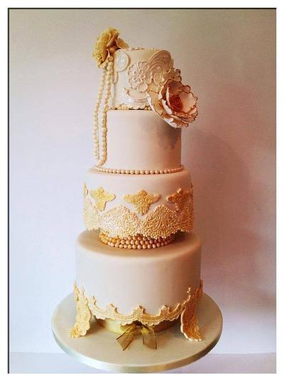 Gold & Ivory Pearls & Lace - Cake by Sophia's Cake Boutique