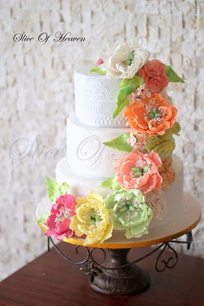 Pastel Peony Wedding Cake - Cake by Slice of Heaven By Geethu