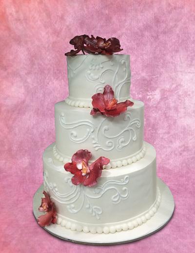 White with Burgundy Orchids - Cake by MsTreatz