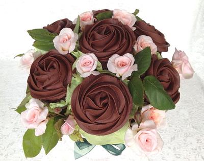 Dark chocolate cupcake bouquet with baby roses - Cake by Shani's Sweet Creations