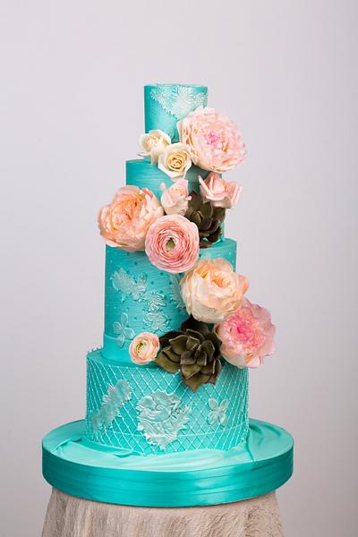 Spring is Here Wedding Cake , Teal and Coral - Cake by Sugarpixy