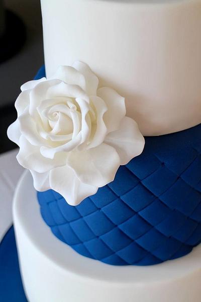 Navy and White Wedding Cake with Sugar Swans and White Roses  - Cake by Natalie Dickinson 