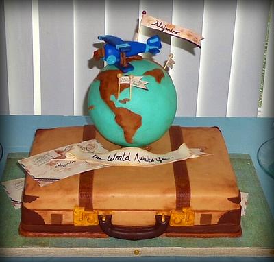 "The World Awaits You" vintage suitcase cake and globe cake pops - Cake by Monica@eat*crave*love~baking co.