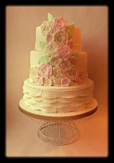 Flower and lace crochet wedding cake  - Cake by Time for Tiffin 