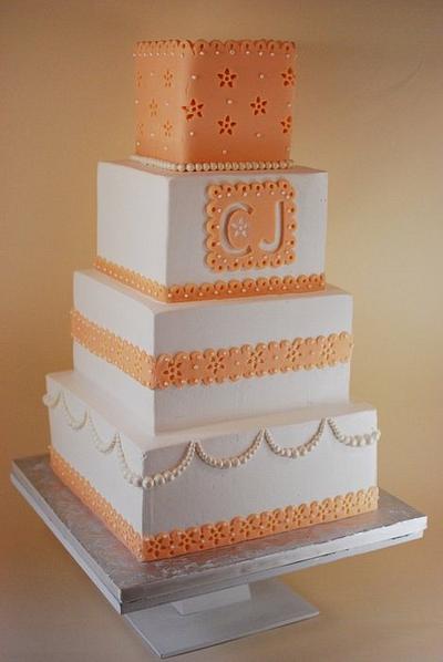 Peach Monogram Eyelet Lace Wedding Cake - Cake by Jenniffer White