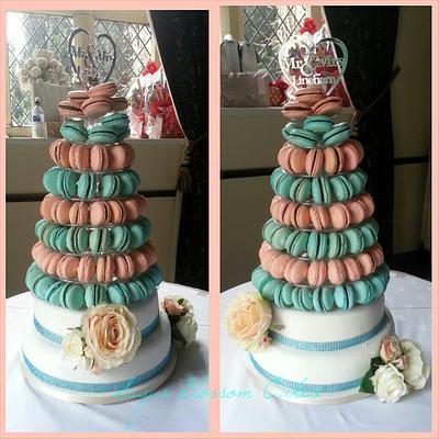 Peach and Turquoise Macaron tower wedding cake - Cake by Lauren Smith
