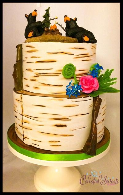 White birch tree w/ love bears toasting marshmallows - Cake by CelestialSweets