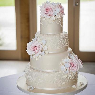 Vintage rose, lace and pearls wedding cake - Cake by Samantha Tempest