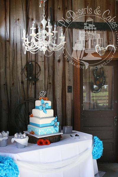 Blue, White, and Bling Damask Wedding Cake - Cake by PhDserts