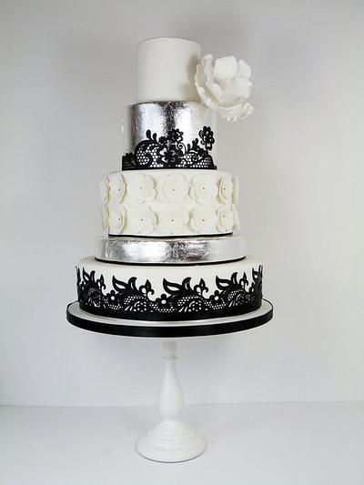 Silver leaf magnolia and black lace cake - Cake by Little Miss Fairy Cake