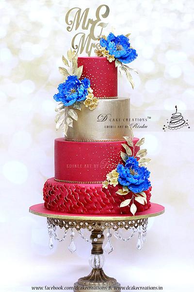 Red & Gold Wedding Cake with Royal Blue Flowers - Cake by D Cake Creations®