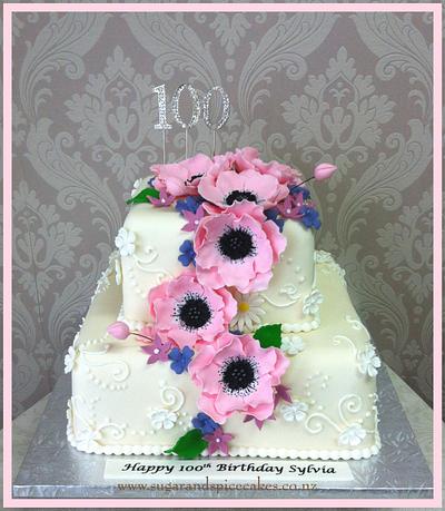 100th Birthday Cake with Sugar Anemones - Cake by Mel_SugarandSpiceCakes