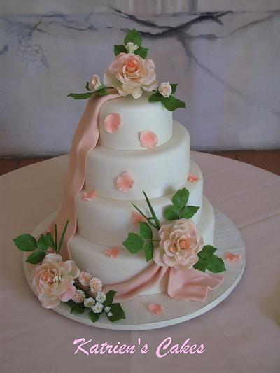 Ivory Fondant and Peach Sugar Roses Wedding Cake - Cake by KatriensCakes