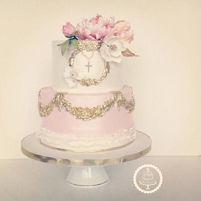 Soft pink, ruffles, rosettes, and pearls - Cake by SimplySweetCakes