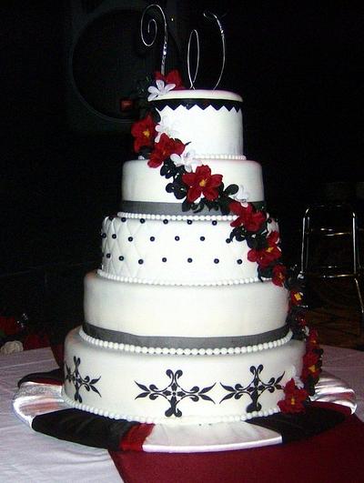 5 Tier Black, White & Red Wedding - Cake by Cheryl