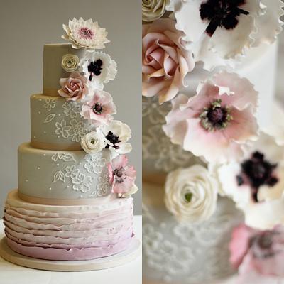 Pink and Grey Floral wedding cake - Cake by Sugar Spice
