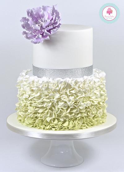 Green Ombre Ruffles & Peony Silver Wedding Anniversary Cake - Cake by Ceri Badham