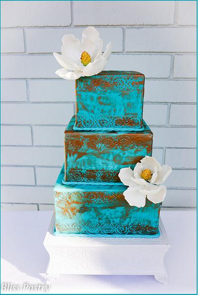Verdigris and Magnolia Wedding Cake - Cake by Bliss Pastry
