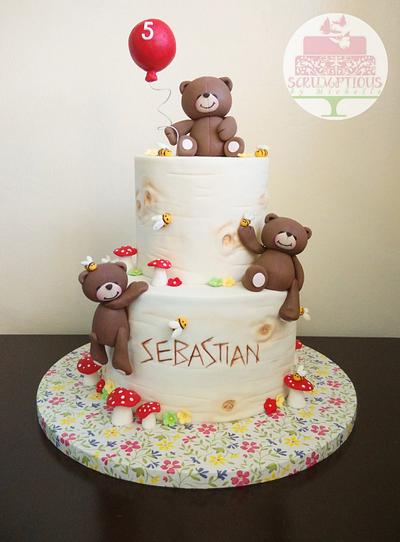 Cheeky teddies on tree bark cake - Cake by Michelle Chan