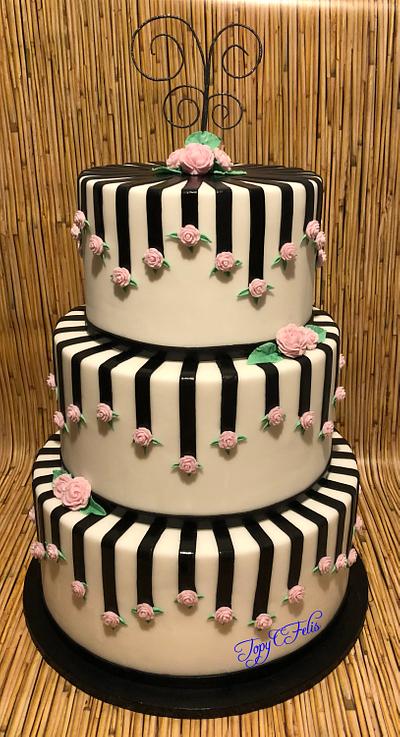 Wedding cake with black strips and pink roses - Cake by Felis Toporascu