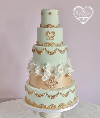 Aqua and Gold Marie Antoinette inspired wedding cake - Cake by The Whimsical Cakery