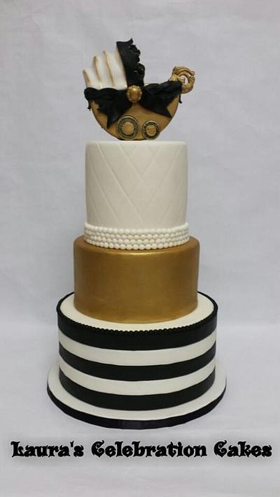 Gold, Black and White Baby Shower Cake with Baby Carriage - Cake by cakelady911