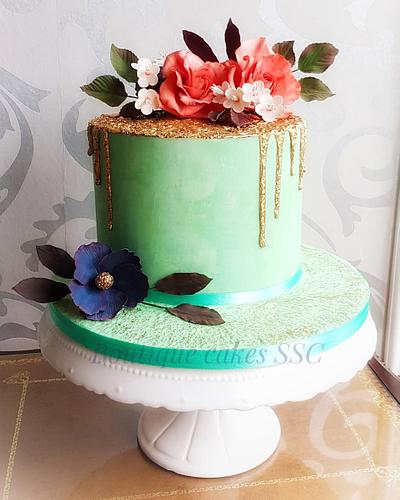 Gold and teal flowers cake - Cake by DDelev
