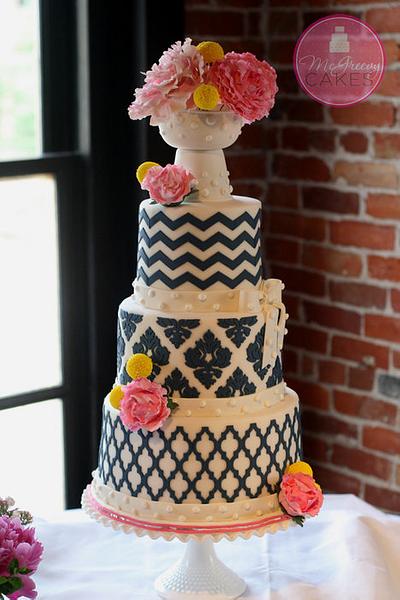 Pink Peonys and Navy Patterns (Marvelous  Molds Onlays) Wedding - Cake by Shawna McGreevy