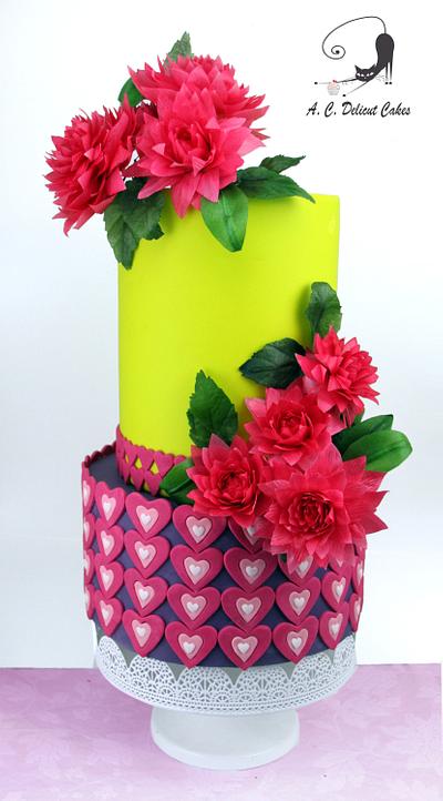 Valentine dahlias and love hearts  - Cake by Artym 