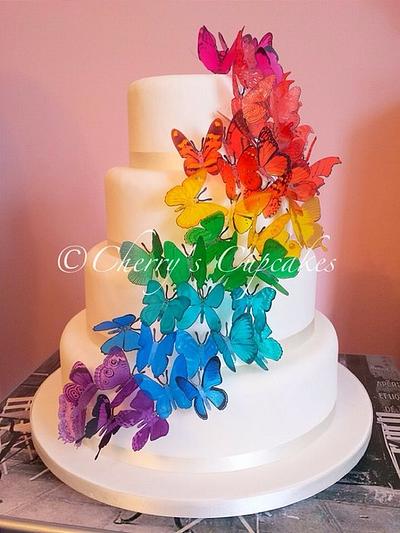 Rainbow Butterfly Cascade Wedding Cake - Cake by Cherry's Cupcakes