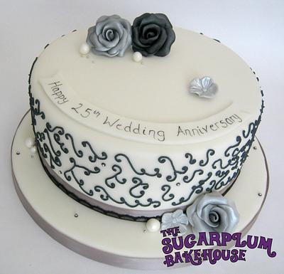 Silver Anniversary Cake - Black, White & Silver - Filigree - Cake by Sam Harrison