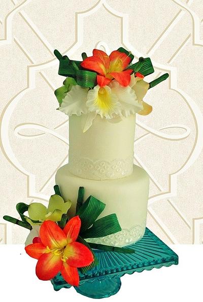 The Orchid and Clivia Bouquet two tier floral celebration cake. - Cake by Blooming Sugar Art by Cukiart